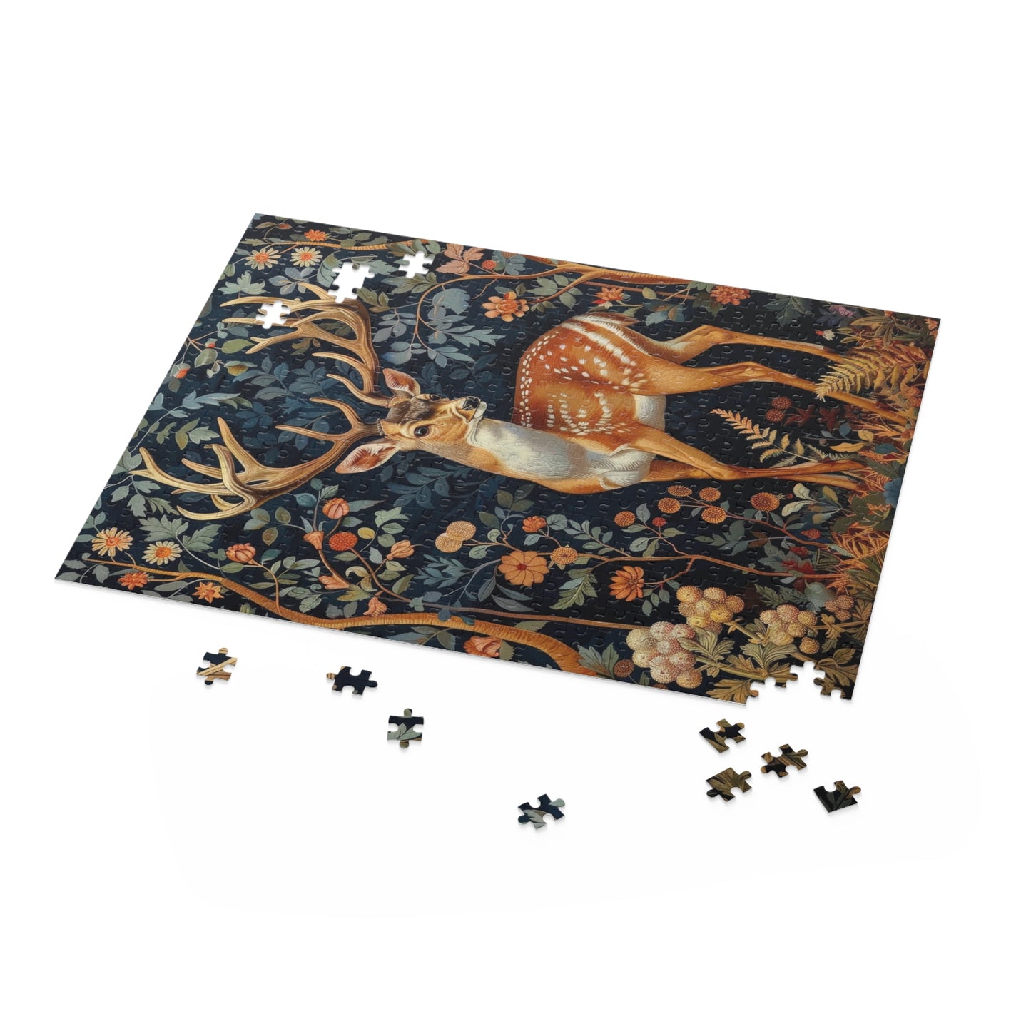 William Morris Inspired Forest Reindeer Puzzle Box (120, 252, 500-Piece) Family Jigsaw Puzzle, Puzzle Box Gift