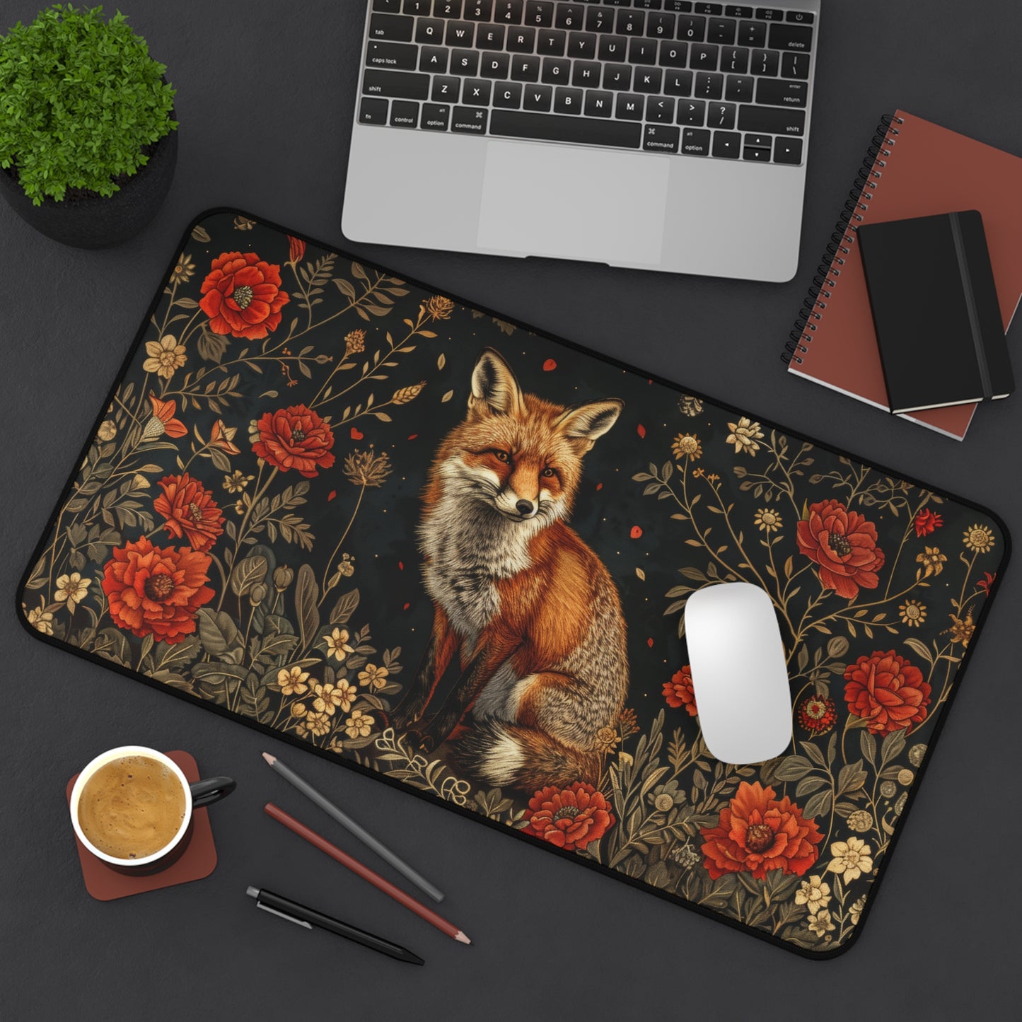 Wildflower Fox Desk Mat 2 Sizes | Aesthetic Floral Fox Desk Mat | Office Decor GiftDesk Mats