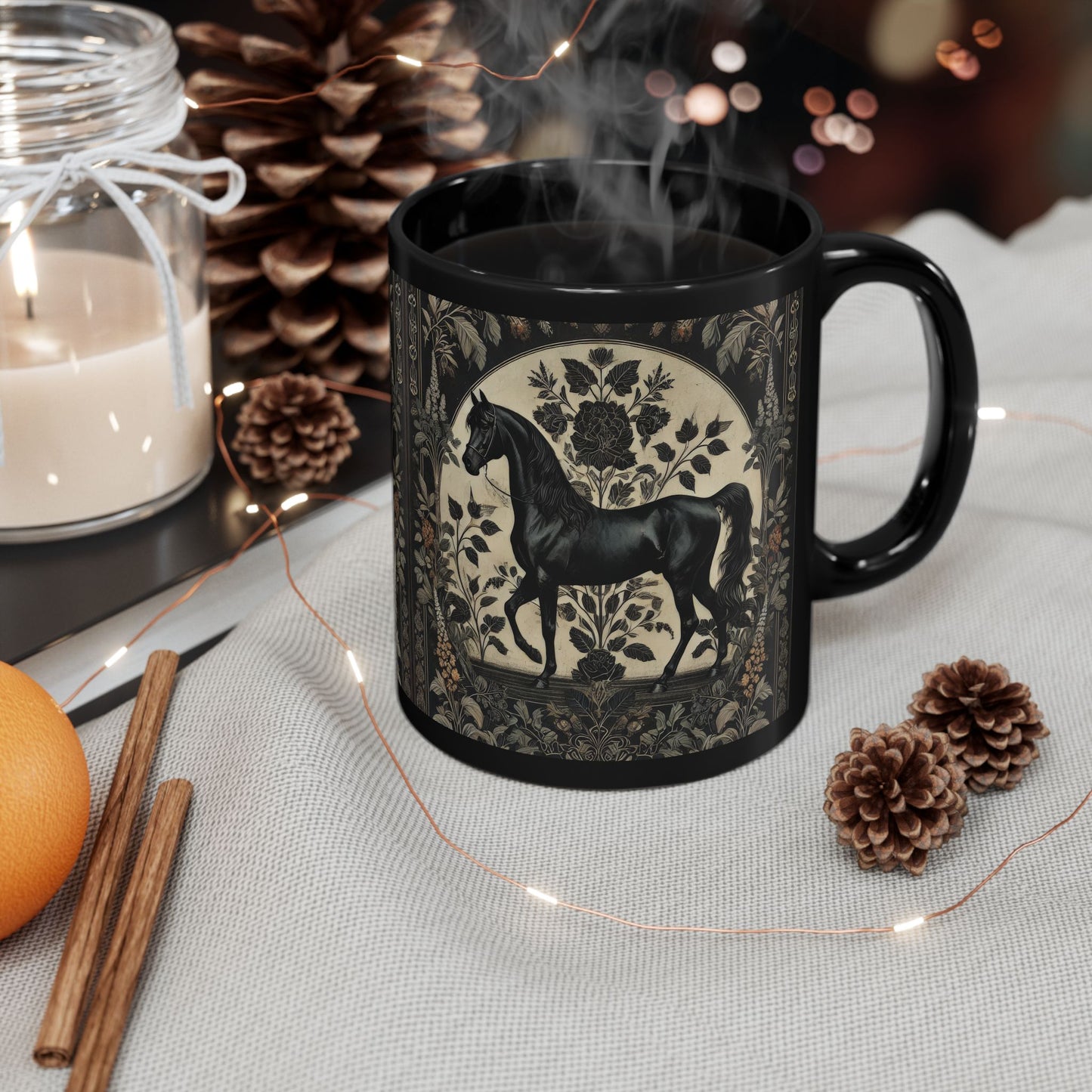 Botanicals Arabian Black Horse William Morris Inspired Black Coffee Cup 11oz, 15oz