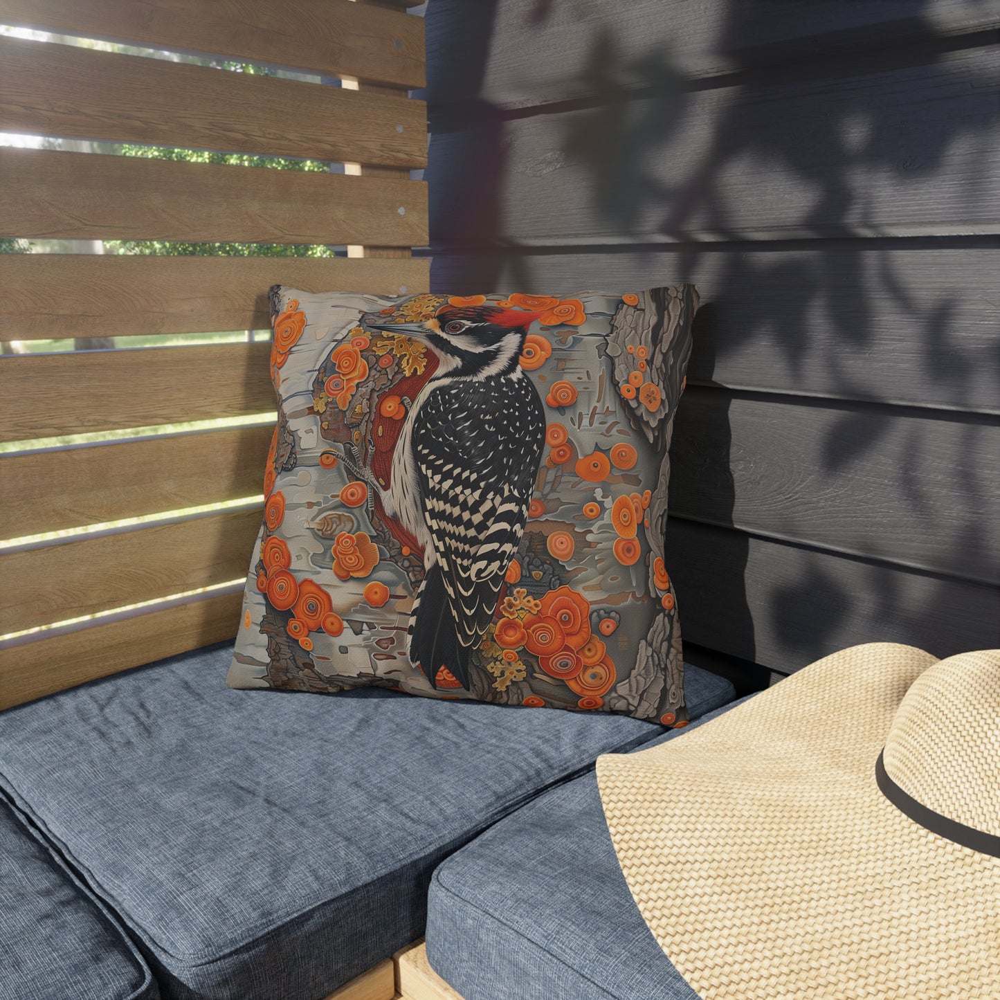 Woodpecker Outdoor Pillow, Bird Throw Pillow, Woodland Cushion, Rustic Cabin Decor Pillow, Nature Lover Gift, Botanical Accent Pillow, Wildlife Pillow