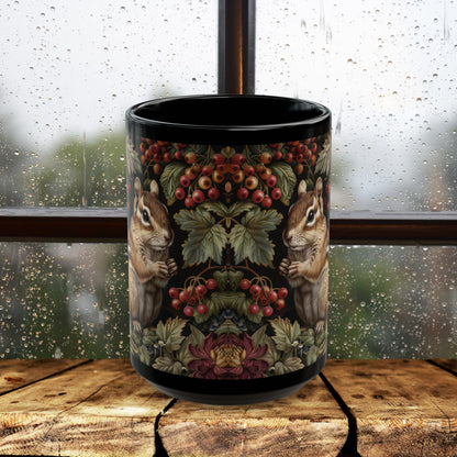 Whimsical Chipmunk Autumn Mug, Black Ceramic Woodland Animal Cup 11oz & 15oz Fall Forest Nature Coffee Mug for Animal Lovers