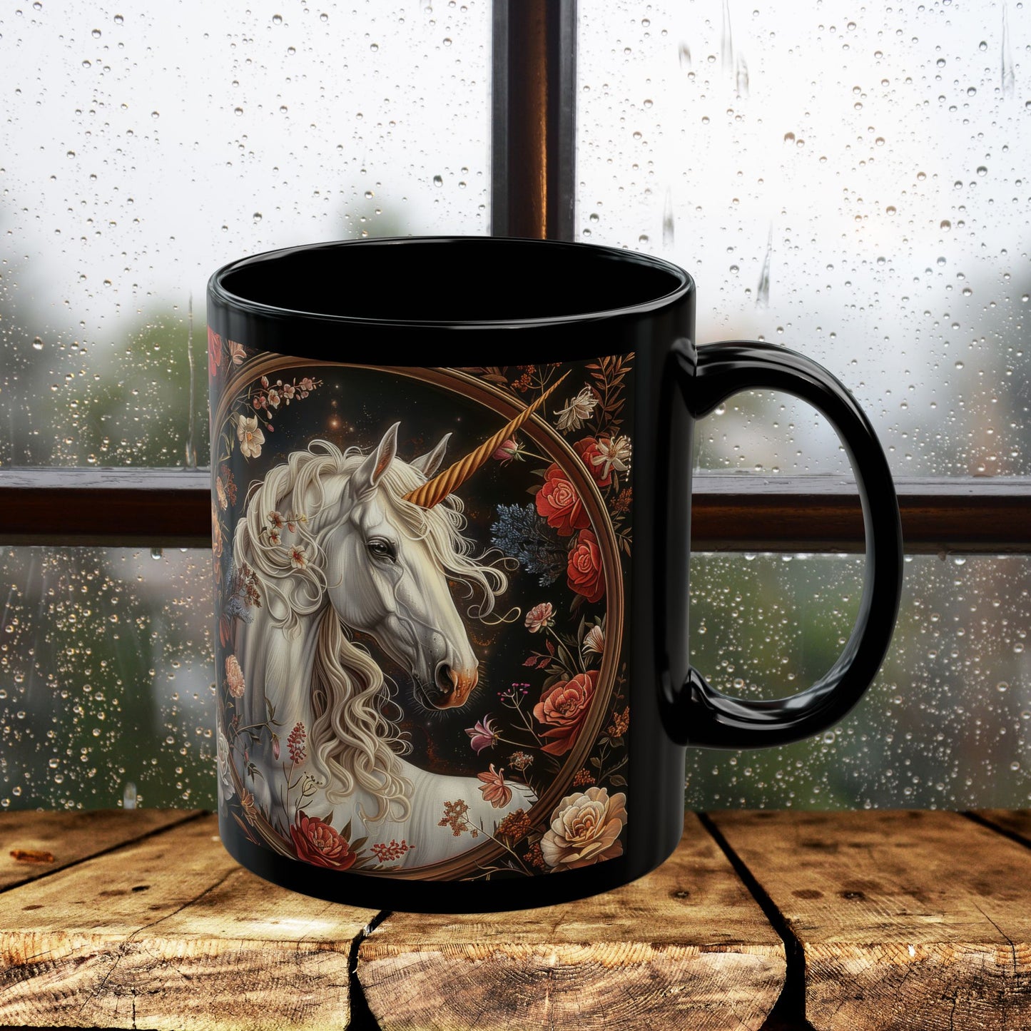 William Morris Inspired Victorian White Unicorn Botanical Black Coffee Mug 11oz, 15oz - Unique Gift for Tea Lovers, Floral Mug, Gift for