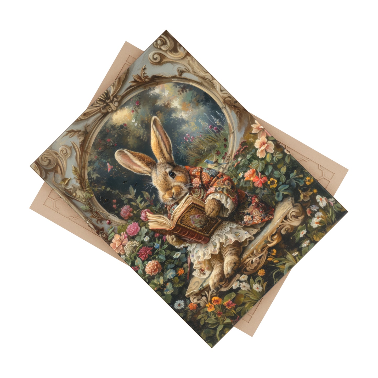 Victorian Floral Reading Rabbit Ceramic Tile | Antique Storybook Bunny Art 6x8 Glossy Decor