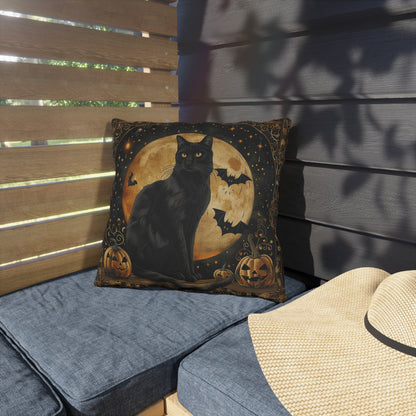 Halloween Black Cat Outdoor Pillow, Spooky Moon Throw Pillow, Pumpkin Cat Cushion, Gothic Fall Decor, Patio Accent Pillow