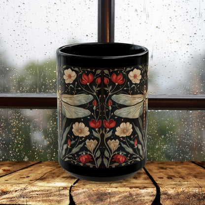 William Morris Inspired Botanical Dragonfly Black Mug 11oz, 15 oz