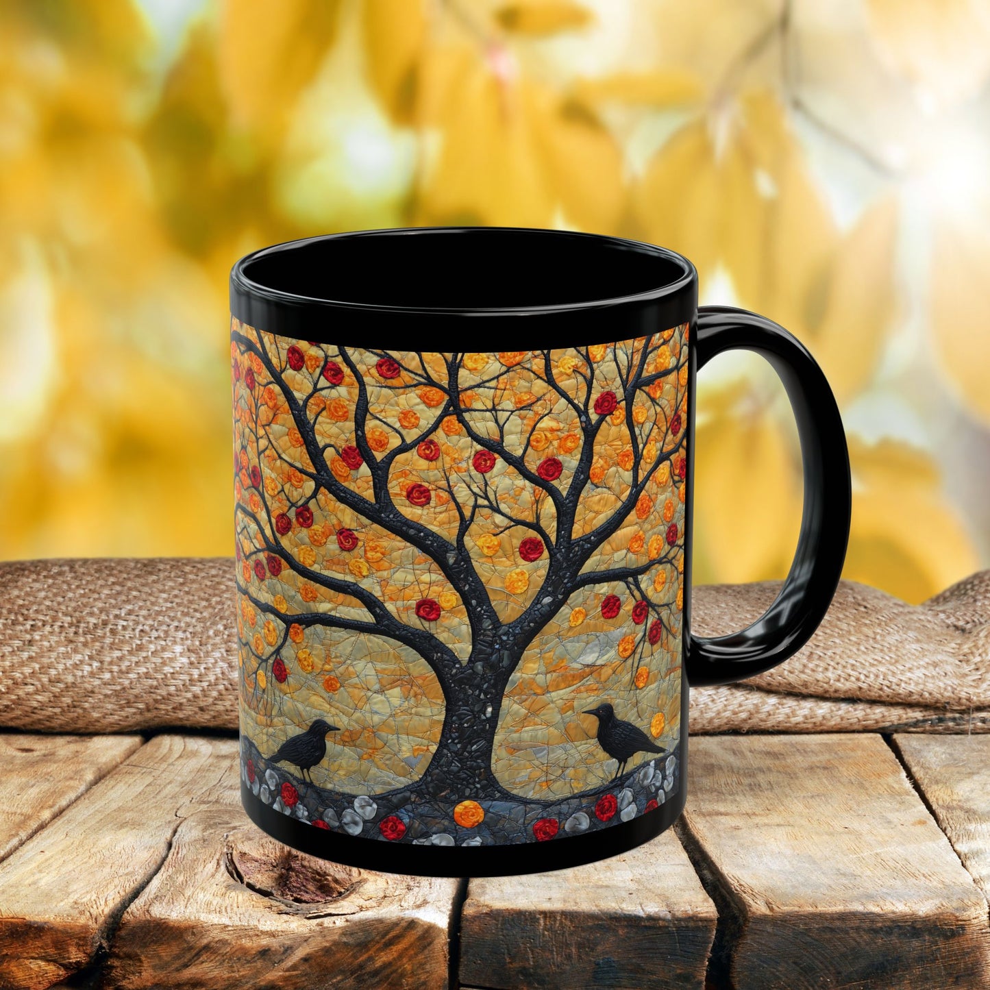 Autumn Apple Tree Art Mug | Black Ceramic Coffee Cup