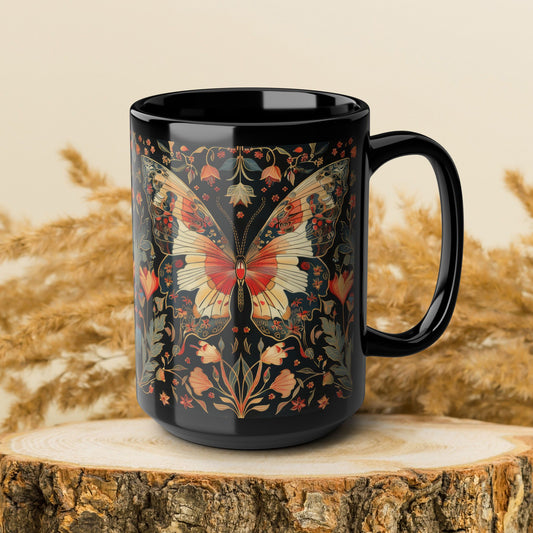 Enchanting Butterfly in the Style of William Morris, Woodland Blossoms Floral Botanical Design Black Mug 11oz, 15 oz