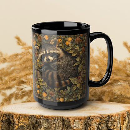 Woodland Raccoon William Morris Inspired Black Mug (11oz, 15oz)
