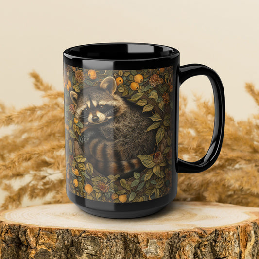 Woodland Raccoon William Morris Inspired Black Mug (11oz, 15oz)