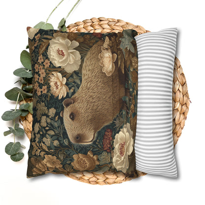 Capybara Botanical Pillowcase, William Morris Style Vintage Floral Animal Cushion