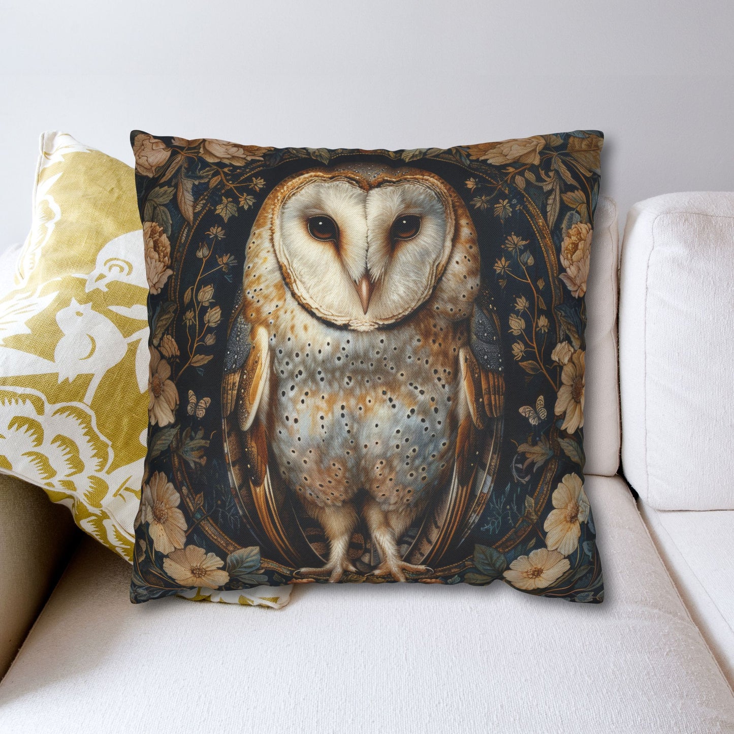 William Morris Inspired, Barn Owl Forest Floral Art, Decorative  Pillowcase