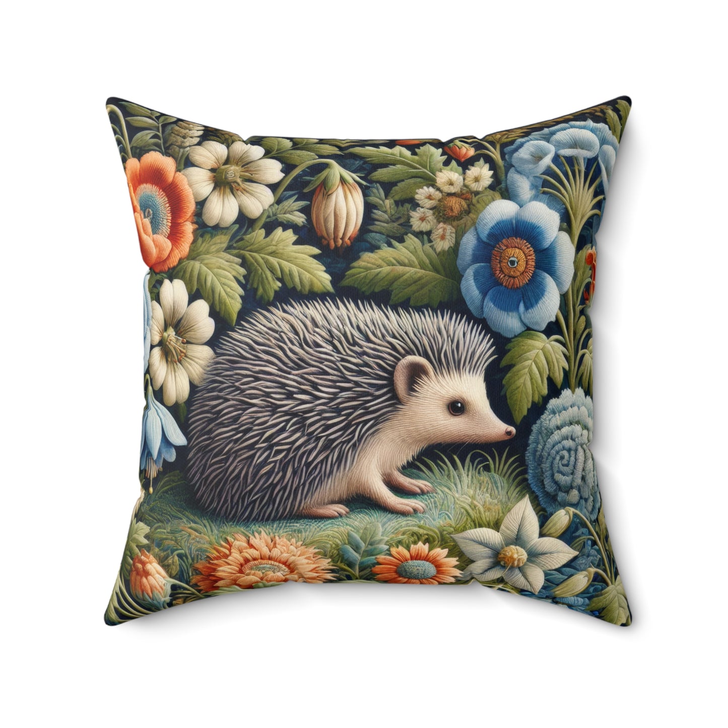 Hedgehog Square Pillow, William Morris Inspired Decorative Cushion, Botanical Home Decor Accent
