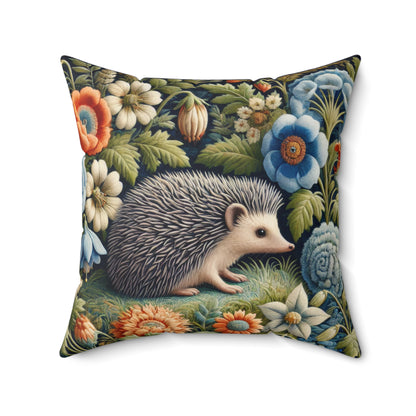 Hedgehog Square Pillow, William Morris Inspired Decorative Cushion, Botanical Home Decor Accent