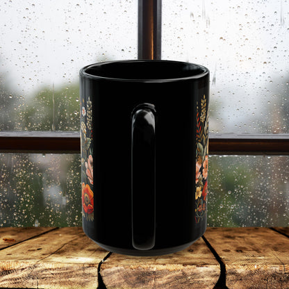 Wildflowers Pattern Embroidery Mug Black Mug 11oz, 15 oz