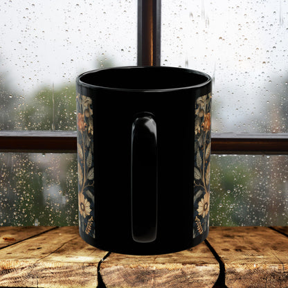 William Morris Inspired Beetle Botanicals Black Coffee Mug (11oz, 15 oz) Insect Lover Gift, Nature Garden Decor