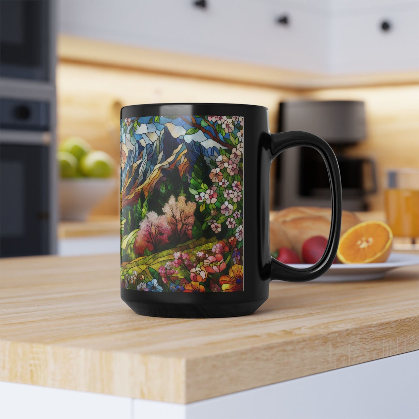 Faux Stained Glass Spring Mountain Coffee Mug | Nature Inspired | Outdoor Design | Gift for Nature Lover Coffee Mug 11oz, 15 oz