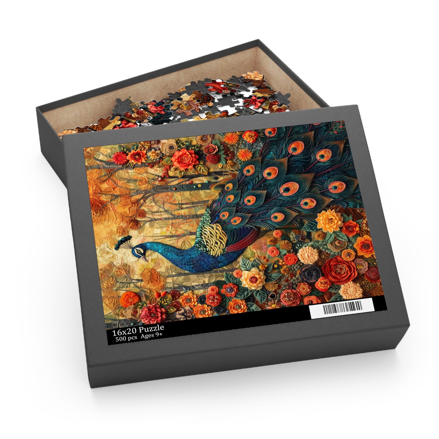 Art Deco Peacock Puzzle Box (120, 252, 500-Piece) Family Jigsaw Puzzle, Puzzle Box Gift For Her