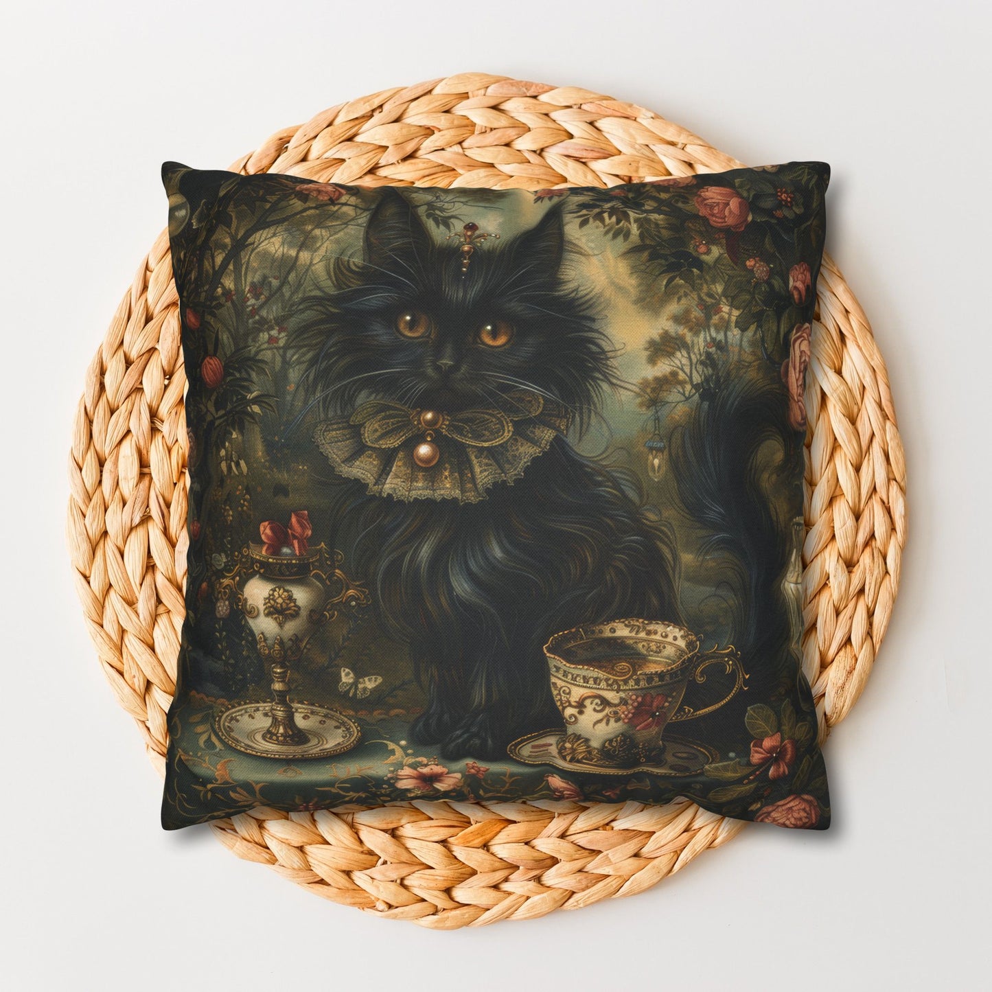 Mystical Cat Pillowcase, Halloween Home Decor, Black Cat Throw Pillow, Witchy Victorian Pillow, Gothic Decorative Pillow