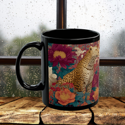 Floral Leopard Mug, Black Ceramic Jungle Coffee Cup 11oz & 15oz – Tropical Wild Cat Art Gift for Animal Lovers & Home Decor