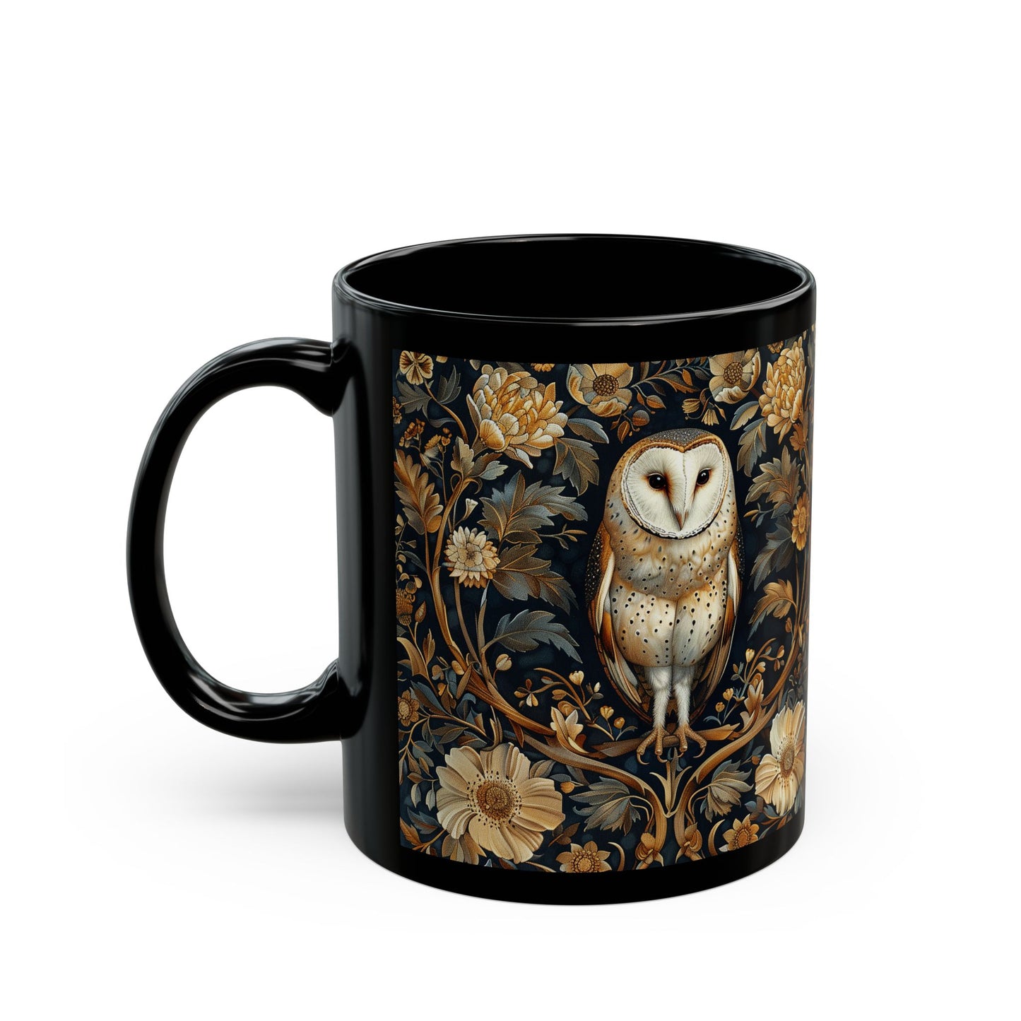 William Morris Inspired Botanical Barn Owl Black Coffee Mug | Mystical Owl Black Mug 11oz, 15 oz