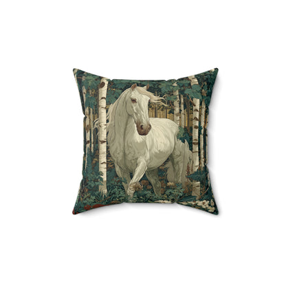 White Horse Birch Forest Decorative Pillow — Rustic Woodland Accent Cushion