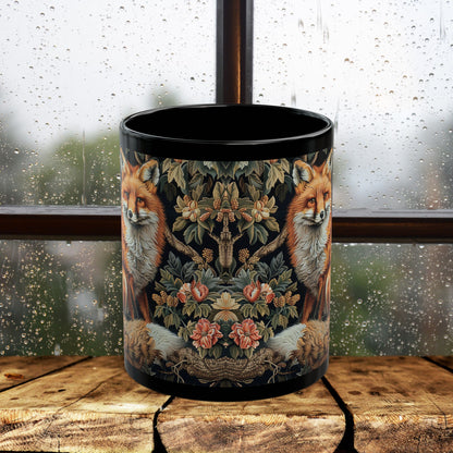 Forest Fox William Morris Inspired | Fox Ancient Black Coffee Mug For Her Him Ceramic Mug Black Mug 11oz, 15oz