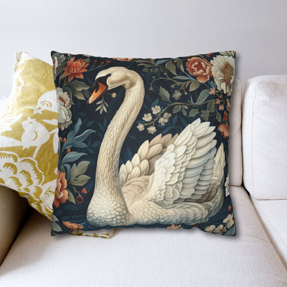 Botanical Swan Pillowcase: William Morris Style Decorative Throw Pillow