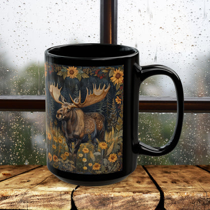 Moose Sunflower Coffee Mug: William Morris Inspired Nature Art