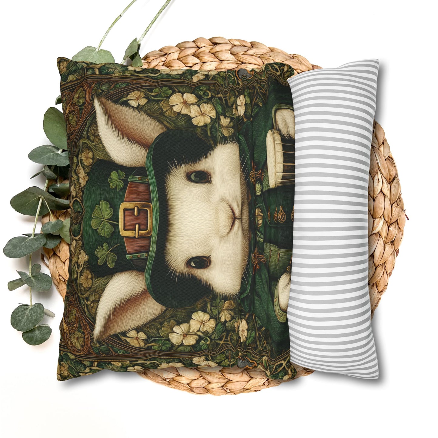Leprechaun Bunny Decorative Pillowcase, St Patrick Day William Morris Style Rabbit Cushion