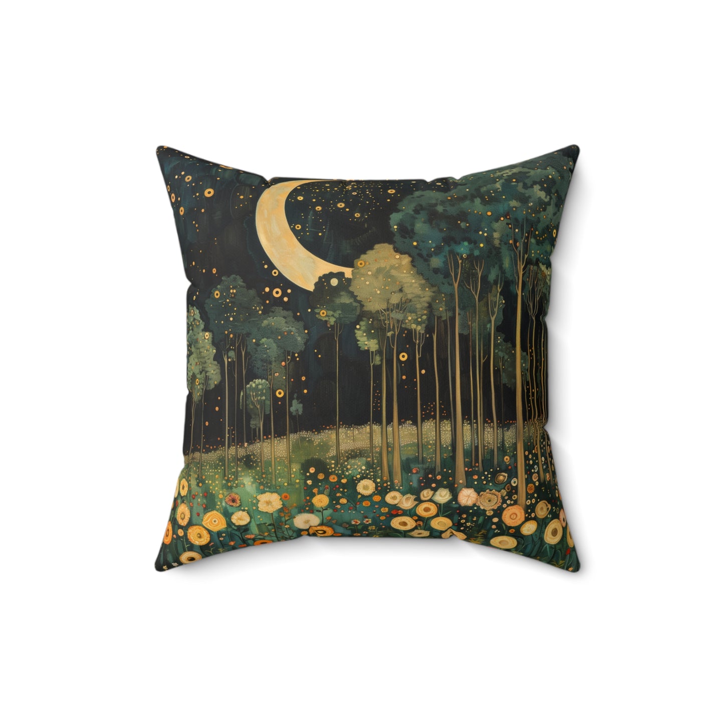 Moonlit Forest Decorative Pillow, Gustav Klimt Inspired Night Sky Botanical Cushion