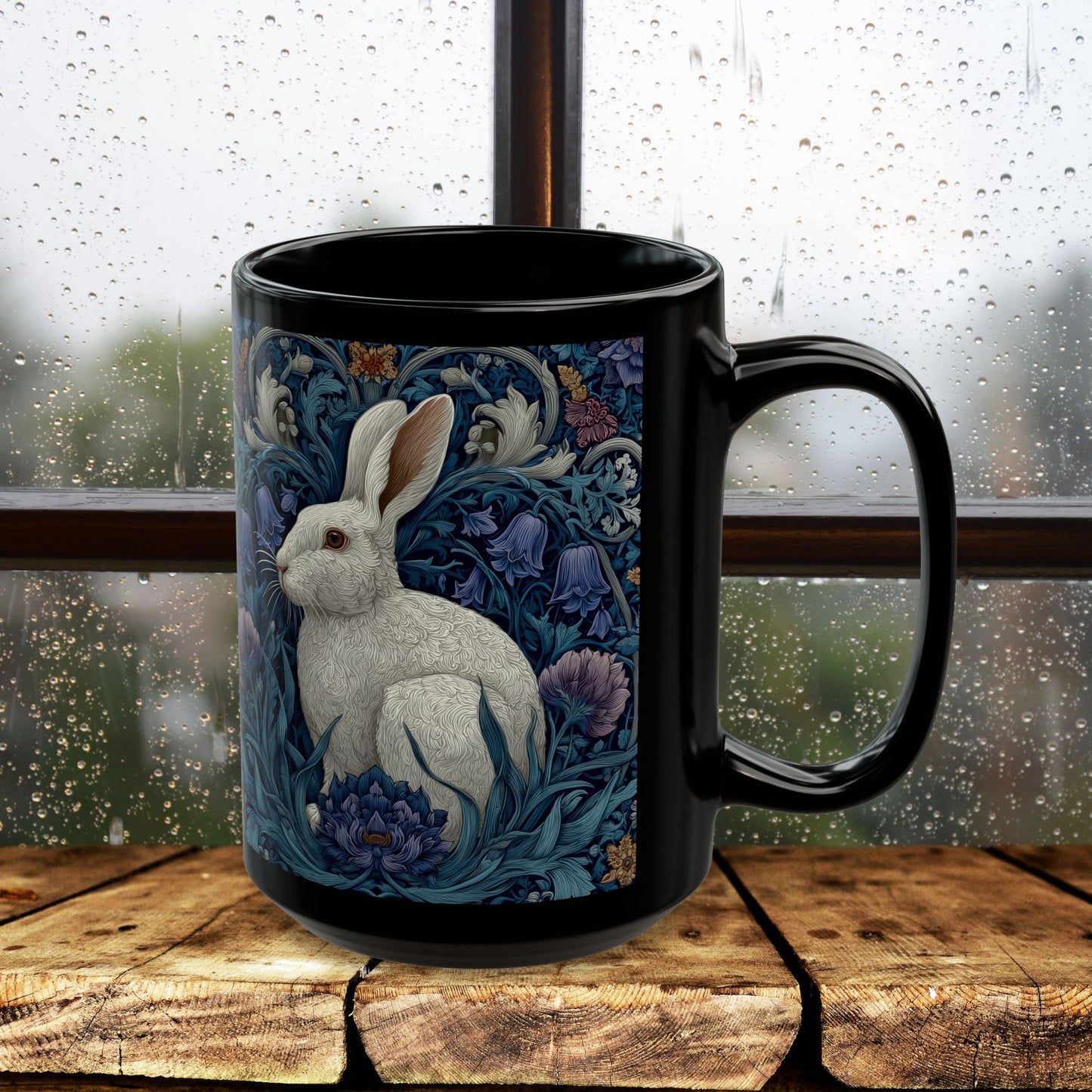 Rabbit Floral Black Mug, Vintage William Morris Style Bunny Coffee Cup (11oz/15oz)