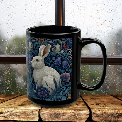 Rabbit Floral Black Mug, Vintage William Morris Style Bunny Coffee Cup (11oz/15oz)