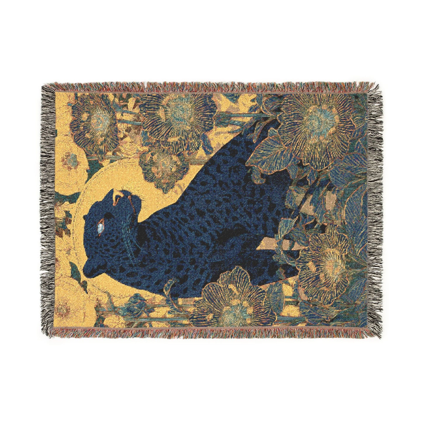 Midnight Bloom Panther Woven Blanket, Art Nouveau Floral Jungle Throw
