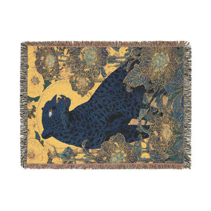 Midnight Bloom Panther Woven Blanket, Art Nouveau Floral Jungle Throw