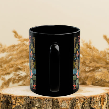 William Morris Inspired Floral Spring Sloth Black Mug