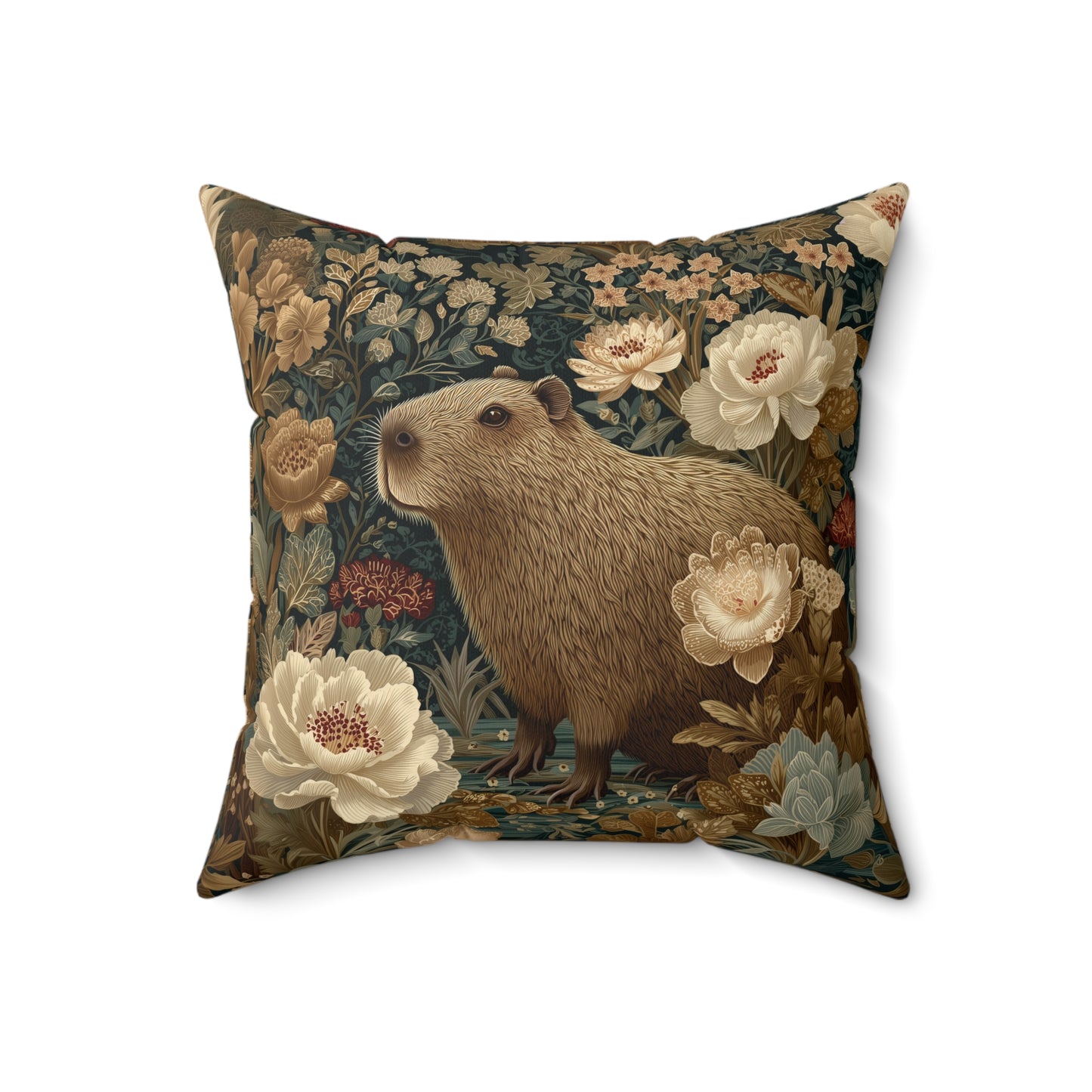 Capybara Botanical Pillow, William Morris Style Vintage Floral Animal Cushion