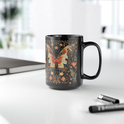 Enchanting Butterfly in the Style of William Morris, Woodland Blossoms Floral Botanical Design Black Mug 11oz, 15 oz