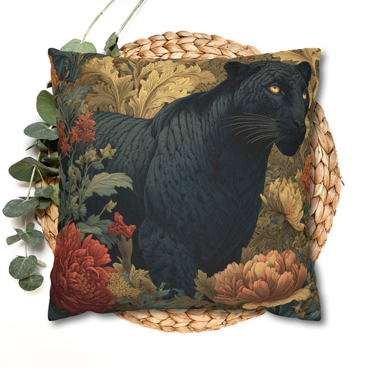 Black Panther Floral Decorative Pillowcase, Botanical Vintage Throw Pillow Cover