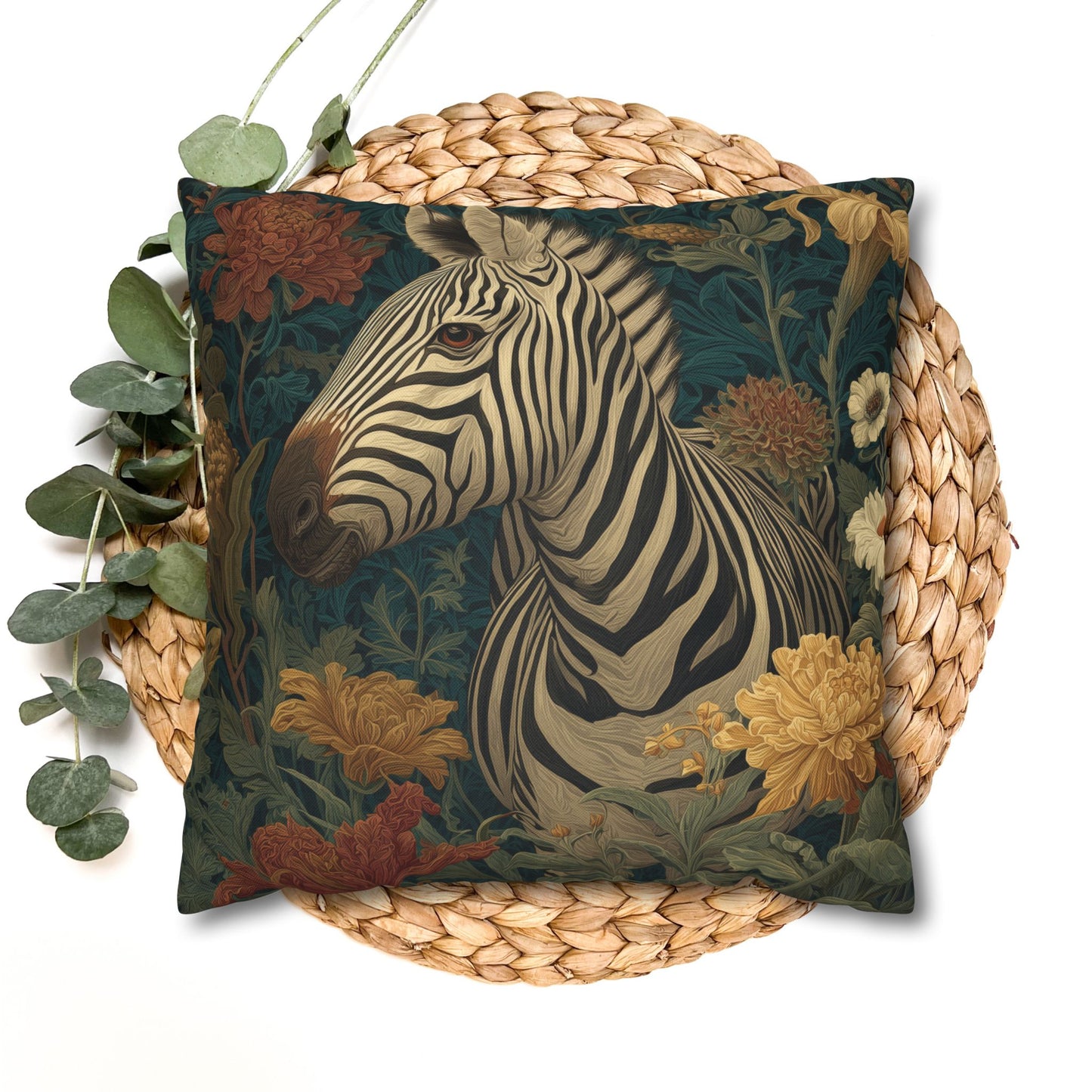 Zebra Botanical Decorative Pillowcase, William Morris Style Botanical Animal Cushion for Elegant Home Décor