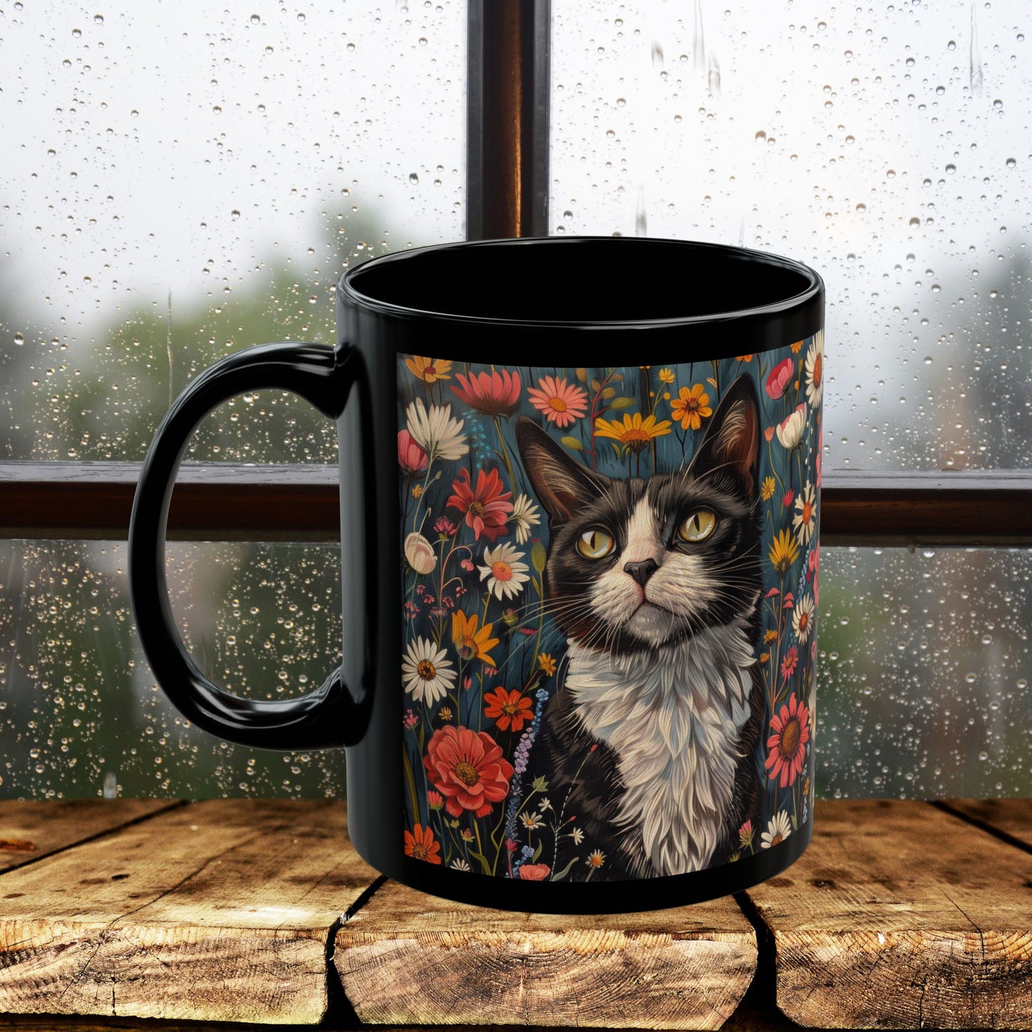 Tuxedo Cat Floral Mug, Vintage Botanical Cat Coffee Mug, William Morris Inspired Black Ceramic Mug 11oz & 15oz