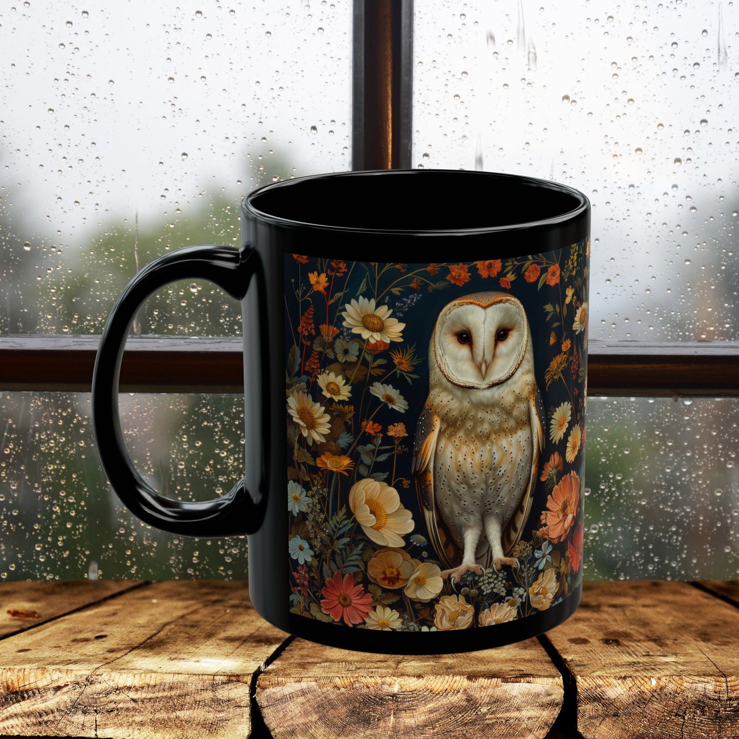 William Morris Inspired Barn Owl Wildflowers Black Coffee Mug 11oz | Mystical Owl For Her Him Ceramic Mug Black Mug