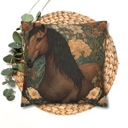 Majestic Horse Floral Pillow, William Morris Style Botanical Equestrian Cushion