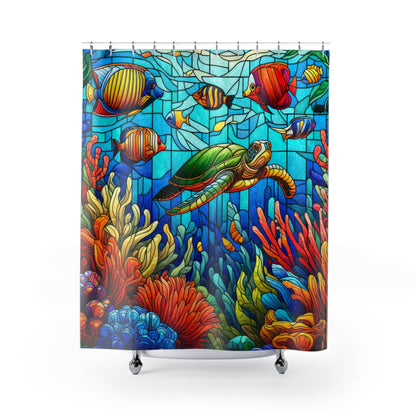 Stained Glass Colorful Tropical Fish, Sea Turtles, and Coral Reef Shower Curtains