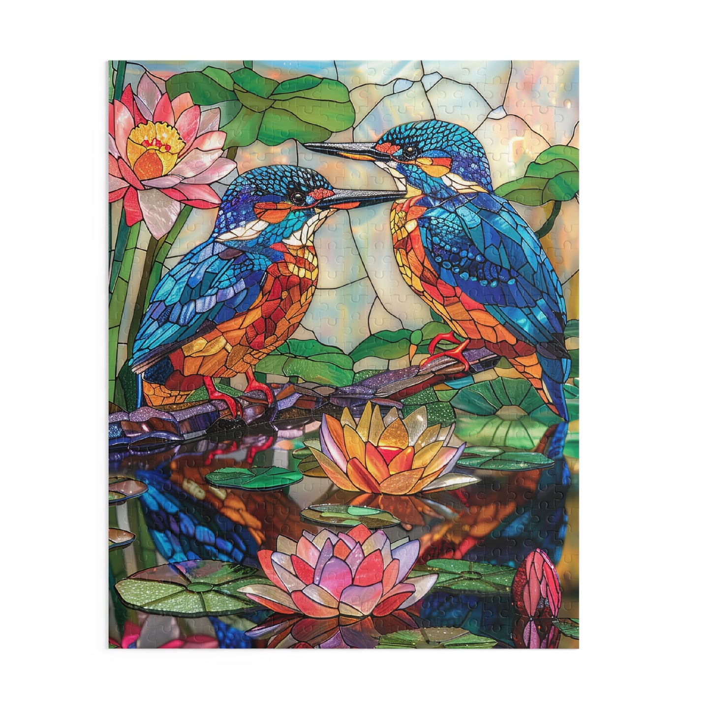 Faux Stained Glass Kingfishers Water Lily Puzzle Box (120, 252, 500-Piece) Family Jigsaw Puzzle, Puzzle Box Gift