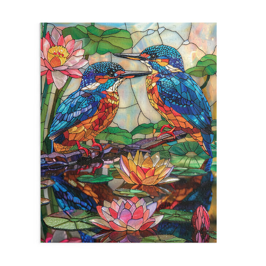Faux Stained Glass Kingfishers Water Lily Puzzle Box (120, 252, 500-Piece) Family Jigsaw Puzzle, Puzzle Box Gift