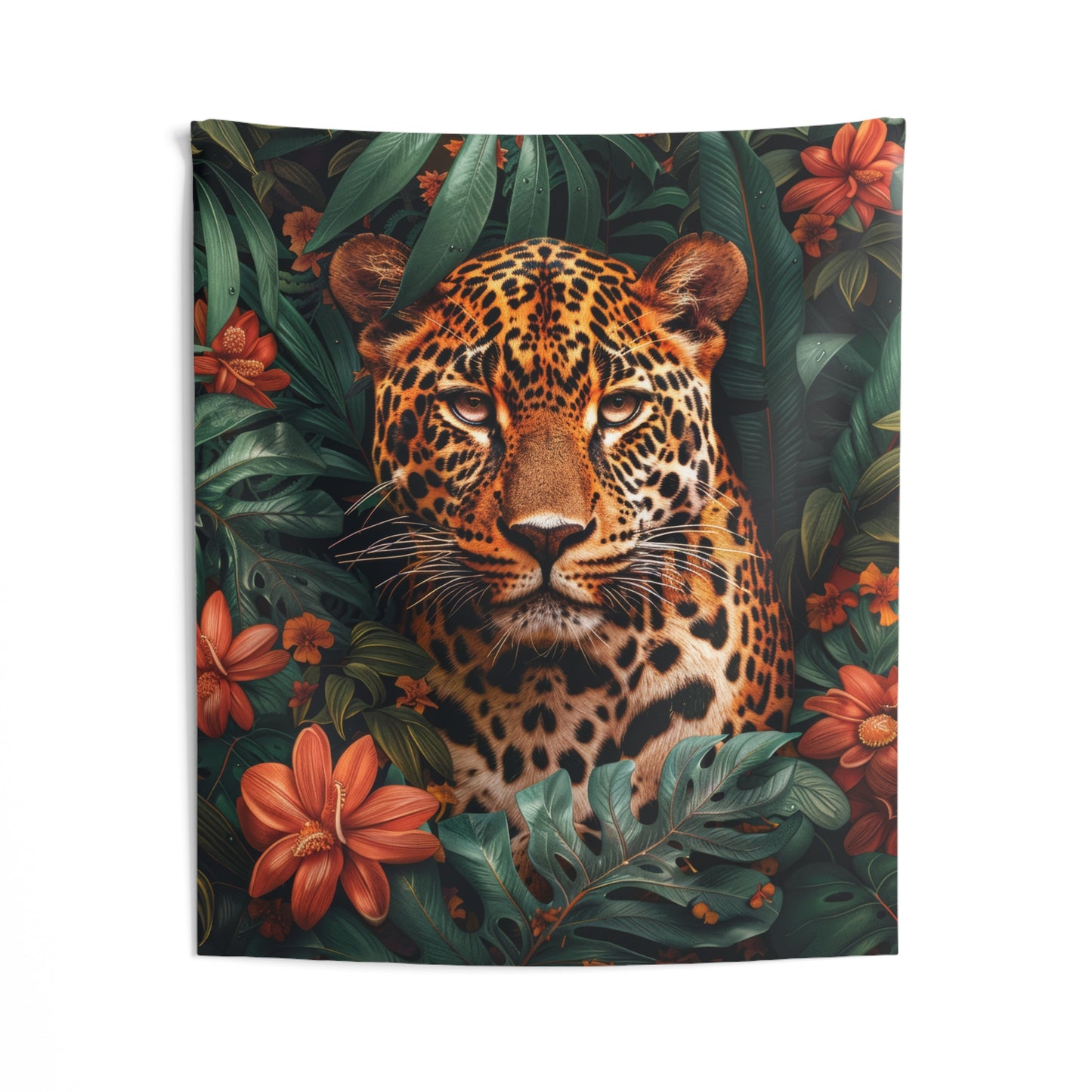 Jungle Leopard Portrait Tapestry, Botanical Wildlife Wall Hanging