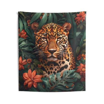 Jungle Leopard Portrait Tapestry, Botanical Wildlife Wall Hanging