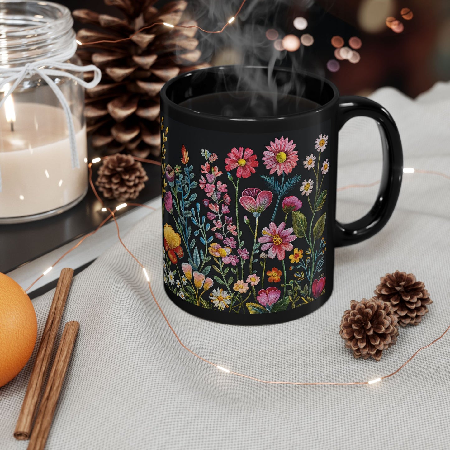 Embroidery Beautiful Wildflowers Black Coffee Mug, Wildflowers Kitchenware Black Mug 11oz, 15oz ,