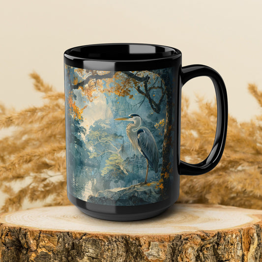Elegant Woodland Heron Art Mug, Vintage Nature Illustration, Cottagecore Black Ceramic Mug, Serene Wildlife Gift, 11oz 15oz