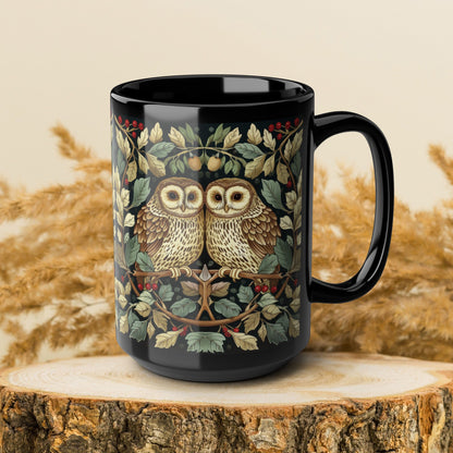 Owl Couple Coffee Mug, William Morris Inspired Woodland Romance Black Ceramic Cup (11oz, 15oz)